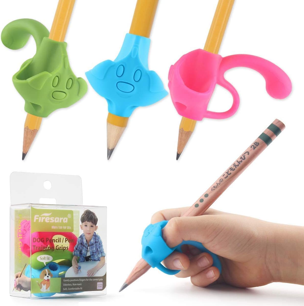 Amazon Firesara 鉛筆持ち方 グリップ 犬型 ペングリップ はじめてセット 疲労を軽減 左右兼用 ３個セット 鉛筆キャップ 鉛筆ホルダー 文房具 オフィス用品