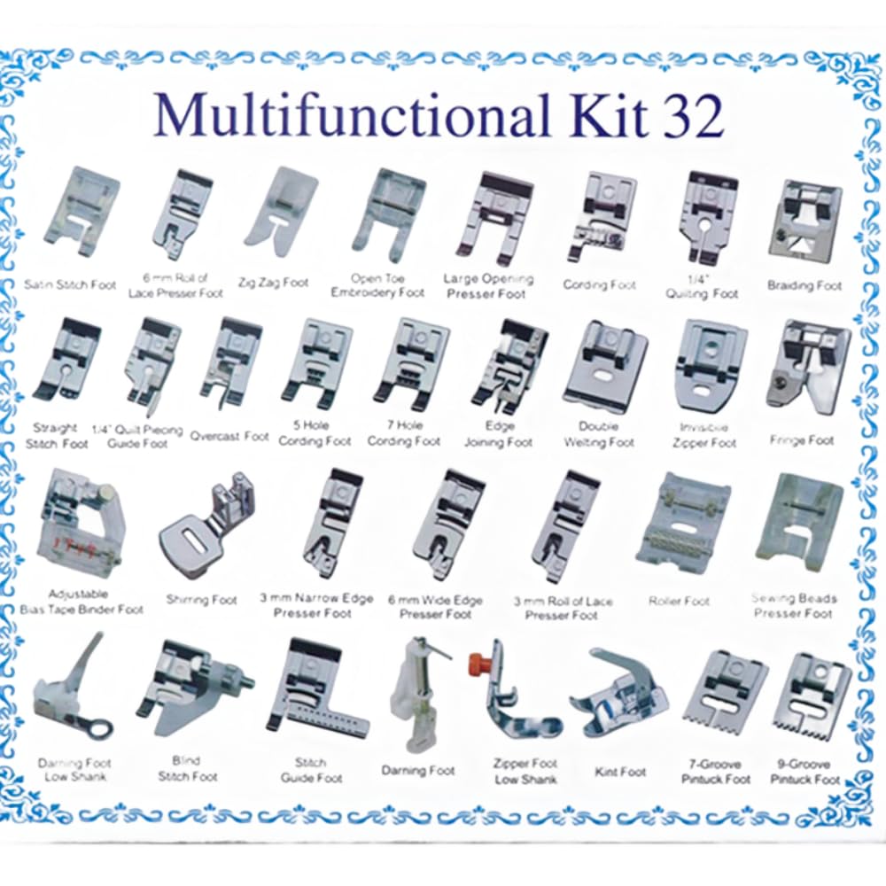 32Pcs Domestic Sewing Machine Presser Foot Feet Kit Set Fits for Brother, Baby Lock, Singer, Elna, Toyota, New Home, Simplicity, Janome, Kenmore Sewing Machine
