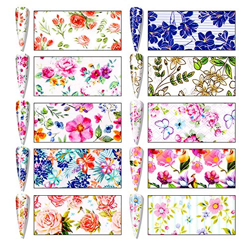 Dasaba 10 Sheets Nail Art Foil Transfer Stickers Easy to Transfer Nail Decals Multicolor Flowers Nail Art Stickers for DIY Nail Decor Crafting and Jewelry Designs