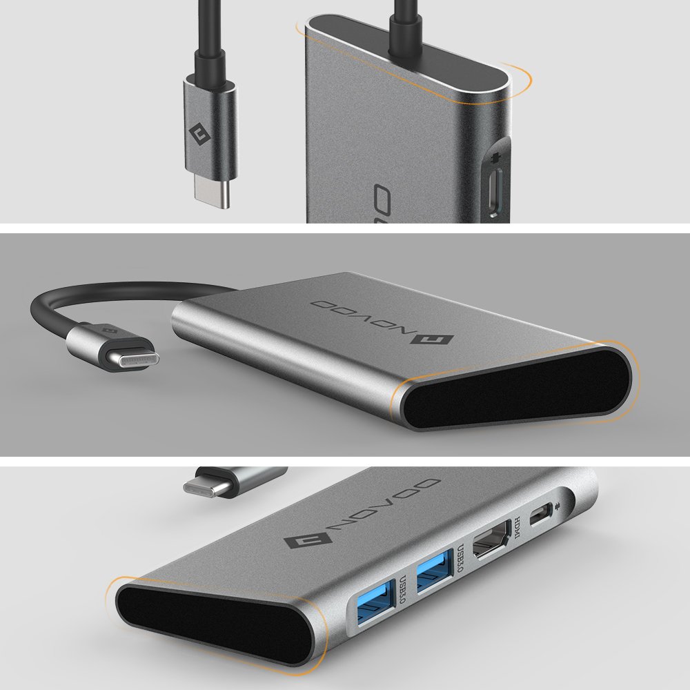 USB C Hub, NOVOO 4 in 1 Aluminum Type C Hub with HDMI 4K Adapter, USB C PD Charging Port, 2 USB 3.0 ports for MacBook Pro 2017/2016, HW MateBook, Chromebook, Samsung S8 and Other Type C Devices