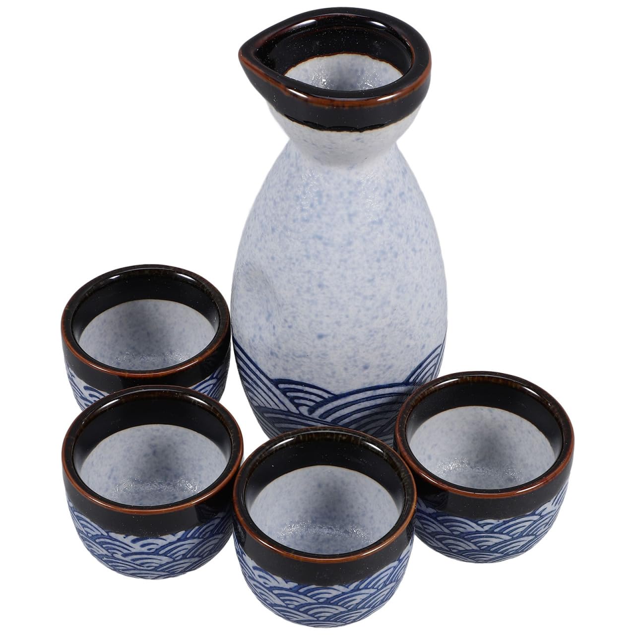 DOITOOL 5Pcs Japanese Sake Set - Traditional Ceramic Saki Cups and Pot - 180ml Bottle 35ml Glasses - Blue Wave Texture Rice Wine Dinnerware for Hot Cold Drinking Home Dining Table Bar Entertainment