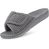 Litfun Orthopedic Slippers for Women Arch Support Indoor House Slippers Adjustable Open Toe Corduroy Bedroom Shoes with Memory Foam for Plantar Fasciitis