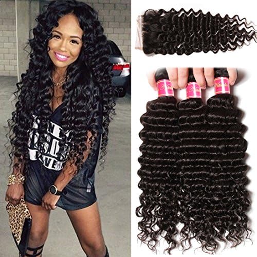 Nadula Brazilian Deep Wave 3 Bundles With Closure 8A 100% Unprocessed Brazilian Remy Virgin Human Hair Bundles Weave Natural Color (16 with 18+20+22)