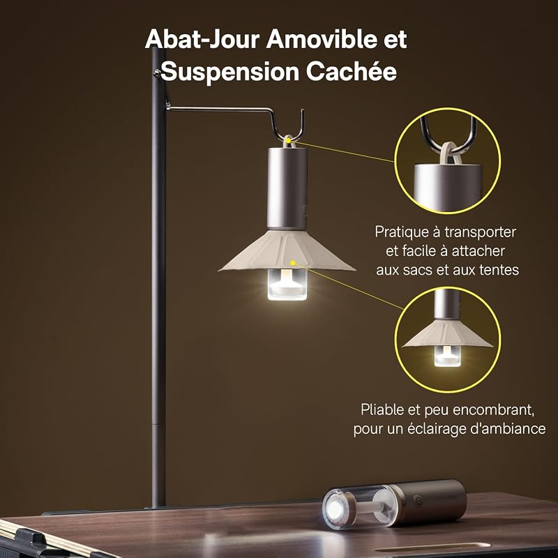 Lanterne Camping Rechargeable IPX6 étanche, abat-jour détachable