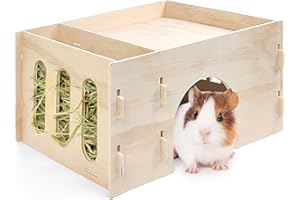 Tierecare Guinea Pig Hideout Wooden Castle with Hay Feeder Chinchilla House Small Animal Hut for Cage Habitat Decor with Added Comfort and Enrichment