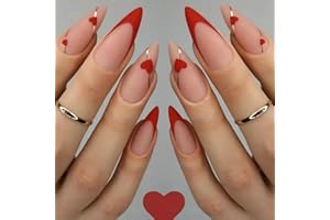 NBNTGH Red French Tip Press on Nails Heart Fake Nails Medium Stiletto False Nails with Line Design Love Glue on Nails Glossy Acrylic Full Cover Nude Pink Stick on Nails for Women Valentine's Day Manicure