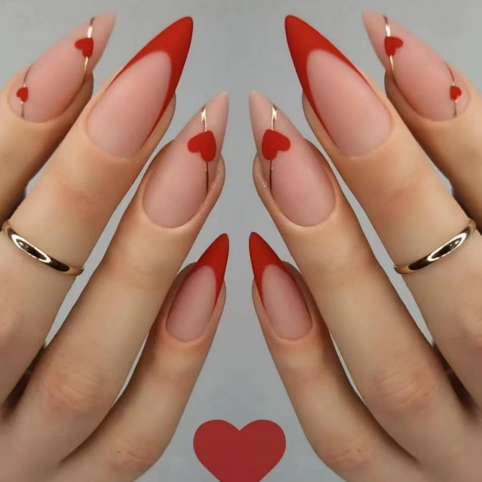 Red French Tip Press on Nails Heart Fake Nails Medium Almond False Nails with Line Design Love Glue on Nails Glossy Acrylic Full Cover Nude Pink Stick on Nails for Women Manicure