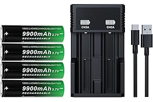 BENKIA 18650 Rechargeable Battery 3.7V 9900mAh Large Capacity Flat Top for Headlamp Flashlight（4 Pack,18650 Battery +Charger