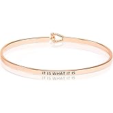 SM Inspirational Positive Message Engraved Thin Cuff Bangle Bracelets for Women (IT IS WHAT IT IS - Rose gold)