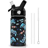 ACESAK 14oz Kids Insulated Water Bottle with Straw Lid - 18/8 Stainless Steel Kid Cup Travel Tumbler Double Wall Vacuum Leak Proof Portable Toddler Water Bottle (Game)