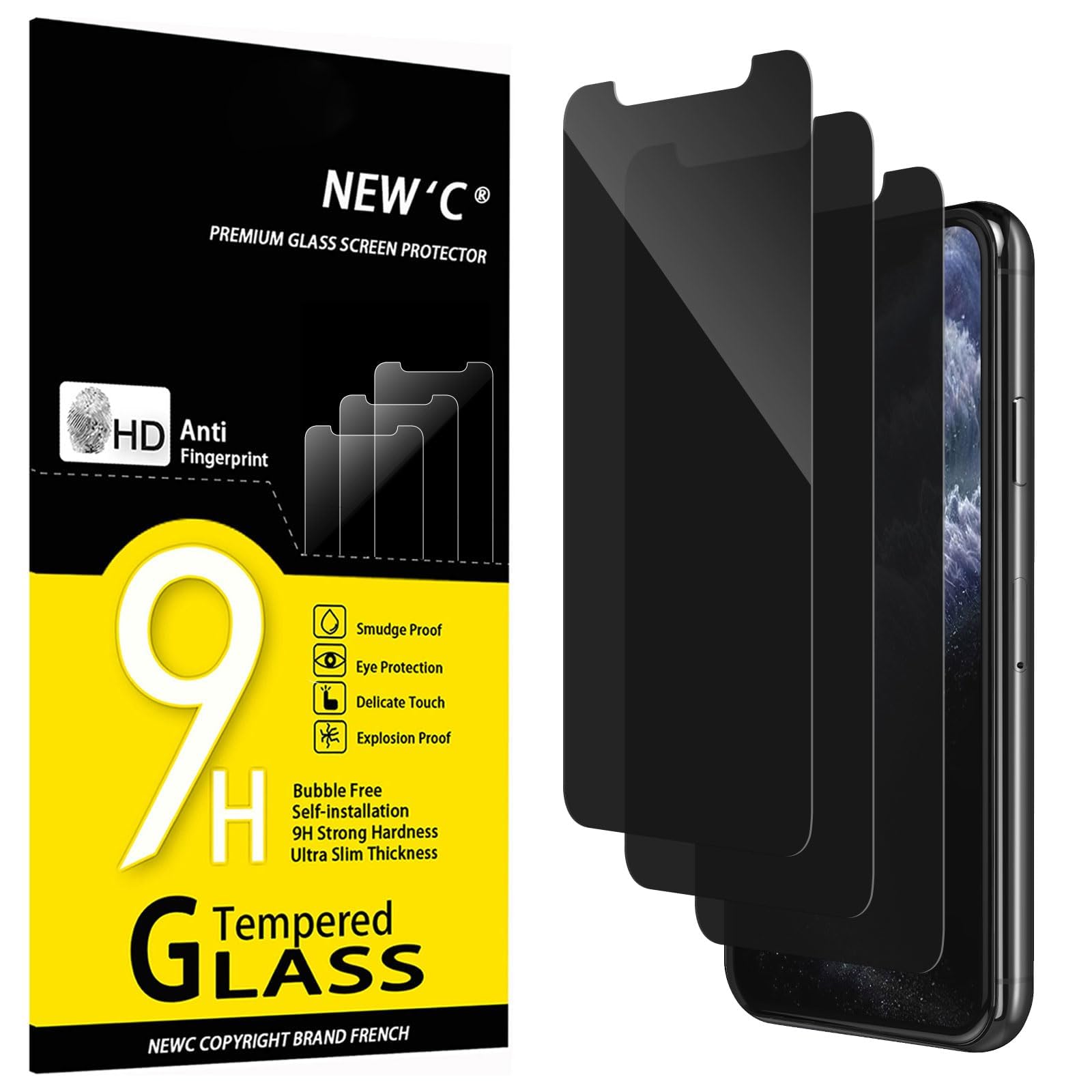NEW'C 3 Pack Privacy for iPhone 11 Pro, iPhone X, iPhone XS Screen Protector (5.8"), Enhanced 28-Degree Privacy Angle, Ultra Durable 9H Hardness, Bubble-Free