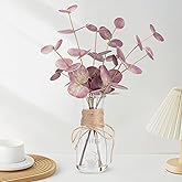 WOHSEROM Artificial Eucalyptus Stems in Glass Vase with Faux Water, 15" Small Bathroom Greenery with Double-Sided Red Leaves, Farmhouse Office Decor, Realistic Fake Plant Wedding Centerpiece