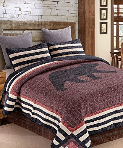 3 Piece Full/Queen Size Rustic Black Bear Lodge Cabin Quilt Set