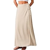 ELLEVEN Linen Wrap Maxi Skirt Elastic Back Waistband Flowy A Line Summer Casual Long Skirt