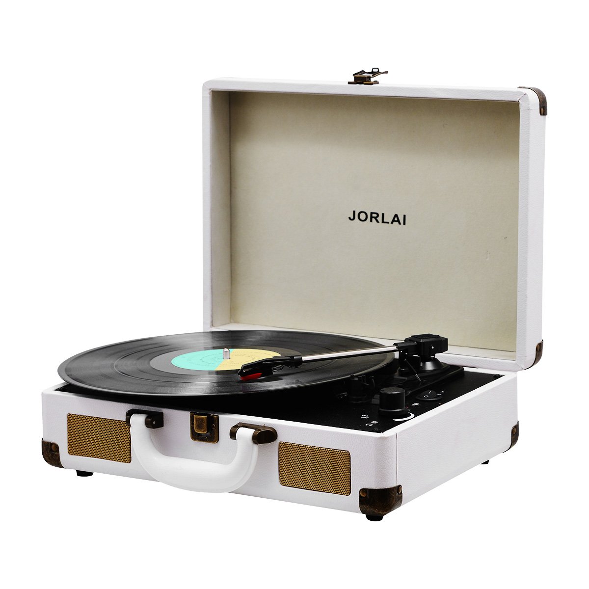 JORLAI Rechargeable Suitcase Turntable 3 Speed Bluetooth Portable Record Player with Built-in Stereo Speakers,Support Vinyl-to-MP3 Recording/Headphone Jack/Aux Input/RCA Output,White