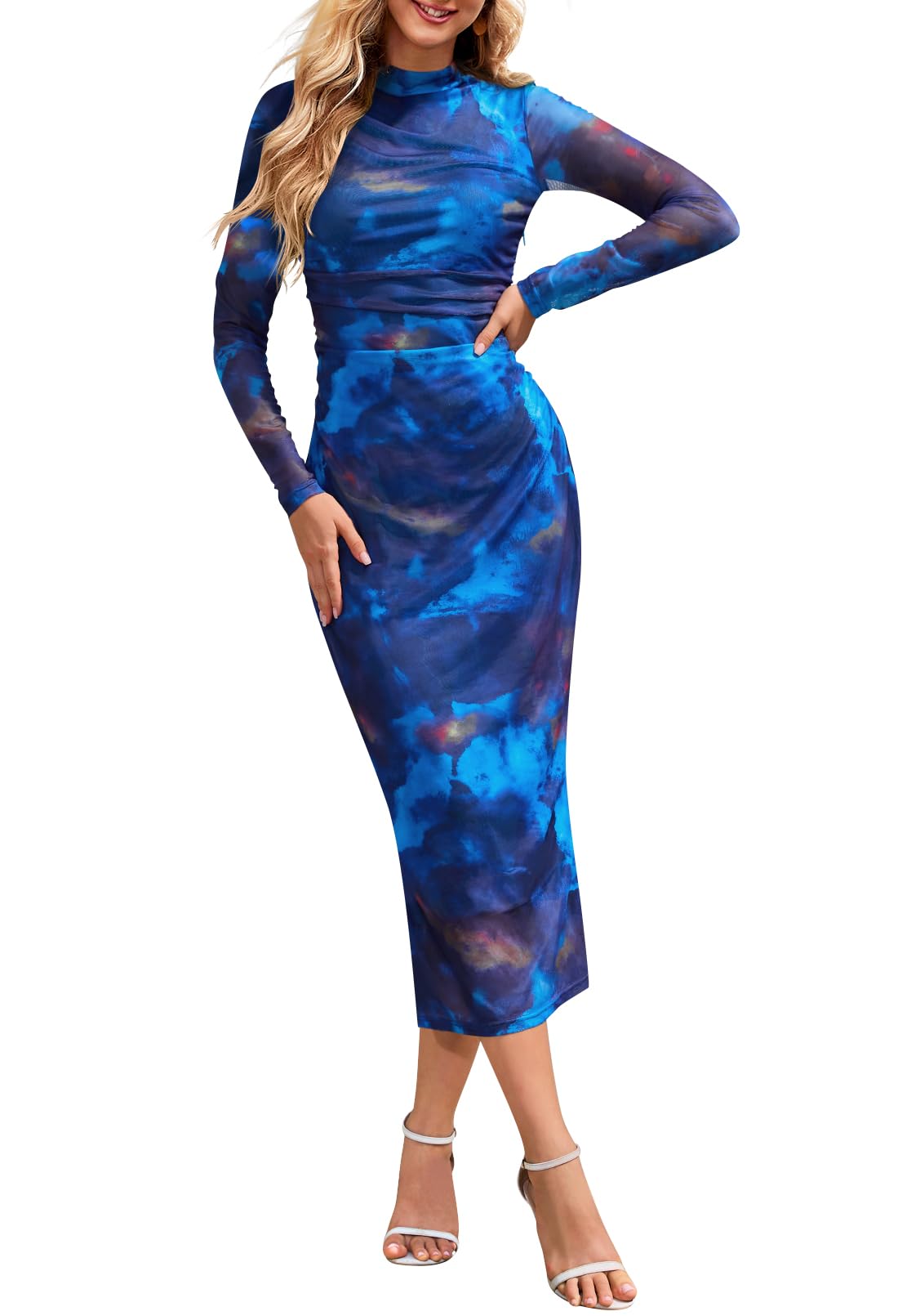 Tie-Dye Ruched Bodycon Mesh Cami Maxi Dress