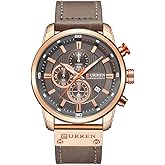 Men Leather Strap Military Watches Men's Chronograph Waterproof Sport Wrist Date Quartz Wristwatch Gifts (Gold Gray)