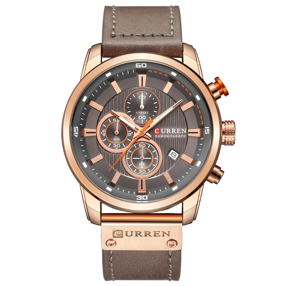 CURREN Men Leather Strap Military Watches Men's Chronograph Waterproof Sport Wrist Date Quartz Wristwatch Gifts, Gold Gray, Chronograph,Quartz Movement