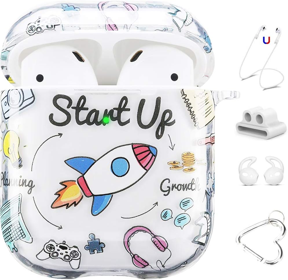 Maxjoy Compatible AirPods Case Cover, Cute Hard Case Protective Cover with Keychain/Strap/Earhooks/Watch Band Holder Compatible with Apple AirPods Charging Case 2&1 for Girls Women Men, Cartoon Rocket