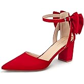 LOOPCHARM Womens Closed Pointed Toe Heels with Bow Low Chunky Block Heel Ankle Strap D'Orsay Pumps Bridal Wedding Dress Shoes