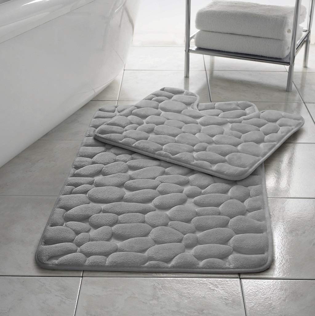 HOMES-LINEN Stone Pebbles Bath Mat Set Non Slip Pedestal Set Extra Absorbent 100% Memory Foam Bathroom Toilet Mat Rug Set (Silver)