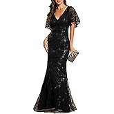 Ever-Pretty Women's Sequin Formal Dresses V-Neck Ruffles Sleeves Embroidery Mermaid Long Evening Prom Dress