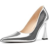 HDEUOLM Womens Stiletto High Heel Square Toe Pumps Slip-on Office Dress Patent Leather 3.9 Inches Heels