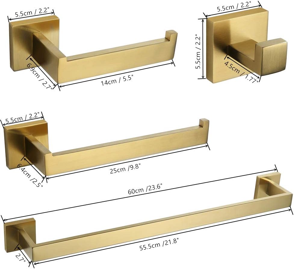 VELIMAX Premium Stainless Steel 4 Pieces Bathroom Hardware Accessories Set Wall Mounted Towel Bar Set, Brushed Gold, 23.6-Inch: Home & Kitchen
