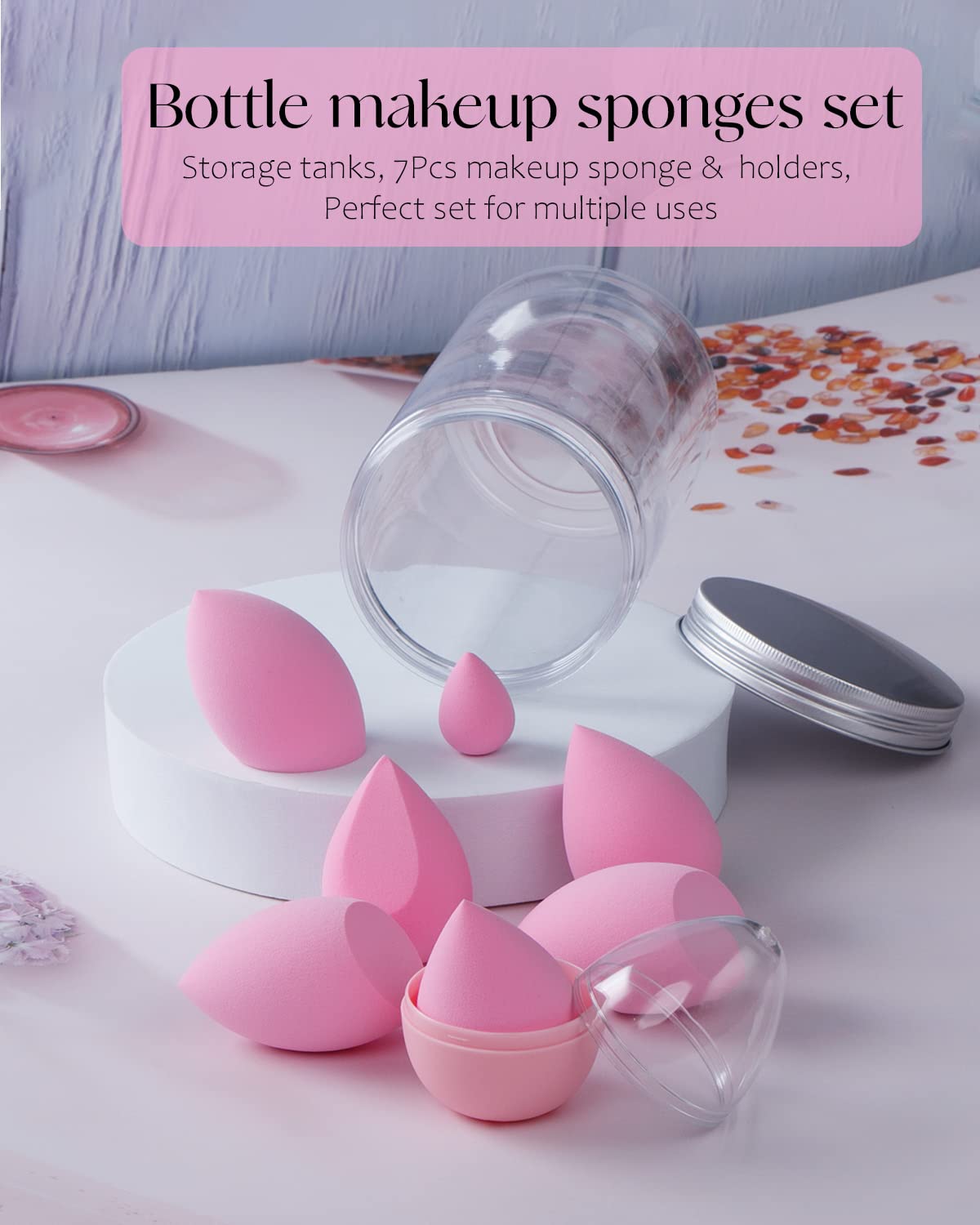 8Pcs Makeup Sponges Set- 7Pcs Beauty Sponge Blenders and 1 Bottle 1 Holder for Blending Foundation, Cream and Powder (Light Pink-Can Packaging)