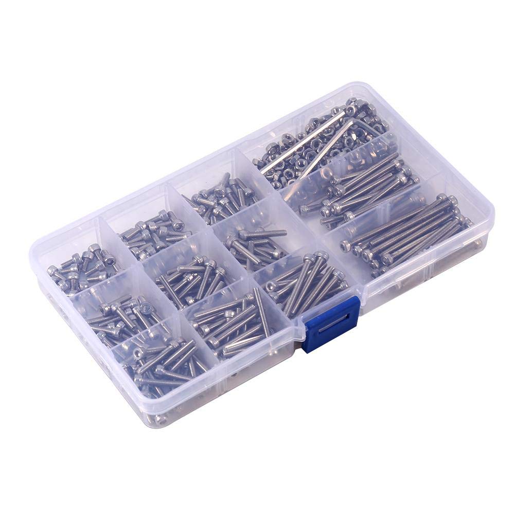 M3 Screws Nuts Assorted Kit with 2 Hex Keys 440Pcs Stainless Steel Hex Head Socket Screws Bolts Nuts Fastener Set with Plastic Box