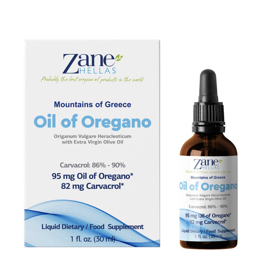 Zane Hellas 50% Oregano Oil. Greek Essential Oil of Oregano. 86% Min Carvacrol. 82mg Carvacrol Per Serving. 1 fl. oz.- 30ml.