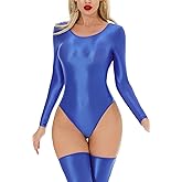 AUBIG Womens Shiny Oil Glossy Long Sleeve Leotard Stretchy Metallic Bodysuit Dance Leotard Club Lingerie