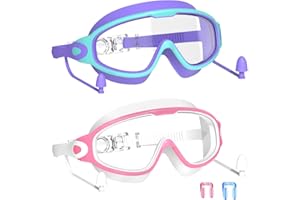 YLKJSWIM Swim Goggles for Kids 3-15 with Earplugs Large Frame Anti-Fog/UV Swimming Goggles for Boys Girls Toddler 2PCS