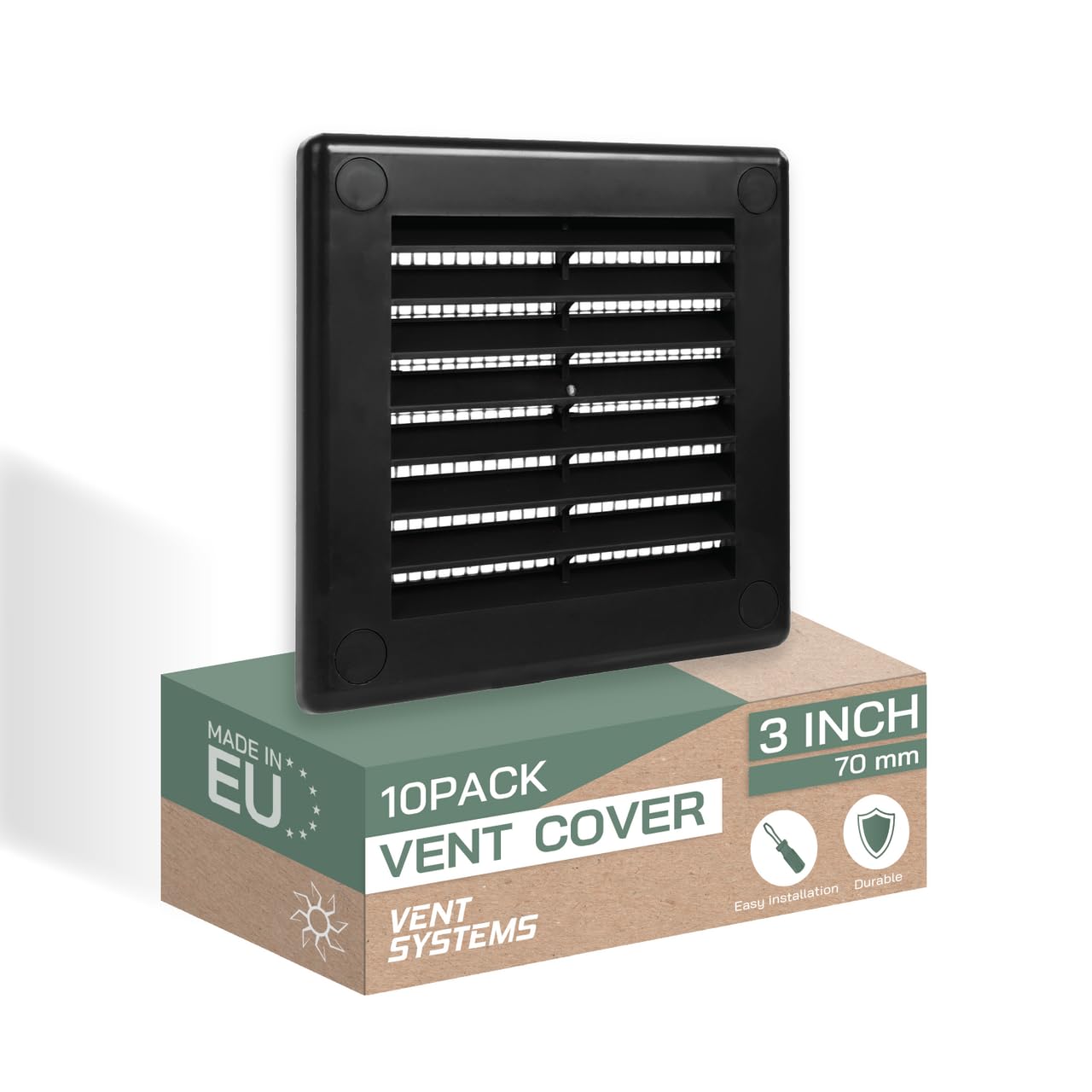 Vent Systems 100 x 100 mm / 4'' x 4'' Inch Black Soffit Vent Cover - Pack of 10 - Flat Square Air Vent Louver - Grille Cover - Built-in Mesh Screen - HVAC Vents for Bathroom, Home Office, Kitchen