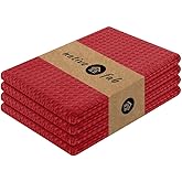 Native Fab Cotton Kitchen Towel with Hanging Loop 16x26 inches, 4-Pack, Waffle Weave Kitchen Towels for Cleaning Drying, Washcloths Soft & Absorbent Cloth Rags, Bar Towel, Dish Cloth, Red