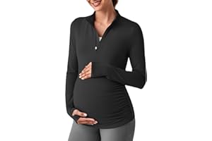 G4Free Lightweight Maternity Long Sleeve Workout Tops Rash Guard Half Zip Shirts Ruches Pregnancy Pullover