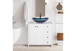 SOLIDEE 32" White Bathroom Vanity with Marble Texture Top and 4 Drawers, Modern Standing Pedestal Cabinet with Blue Boat Glass Vessel Sink