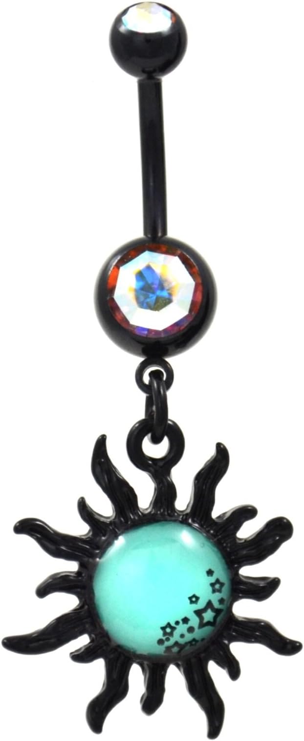 14G Glow in The Dark Tribal Sun and Stars Blackline Steel Belly Button Navel Ring
