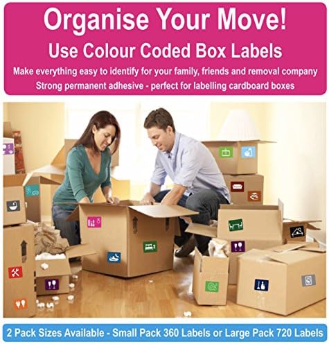 Permanent Home Moving Colour Coded Box Labels/Stickers - Organise Your House Move (Large Pack - 720 Stickers)