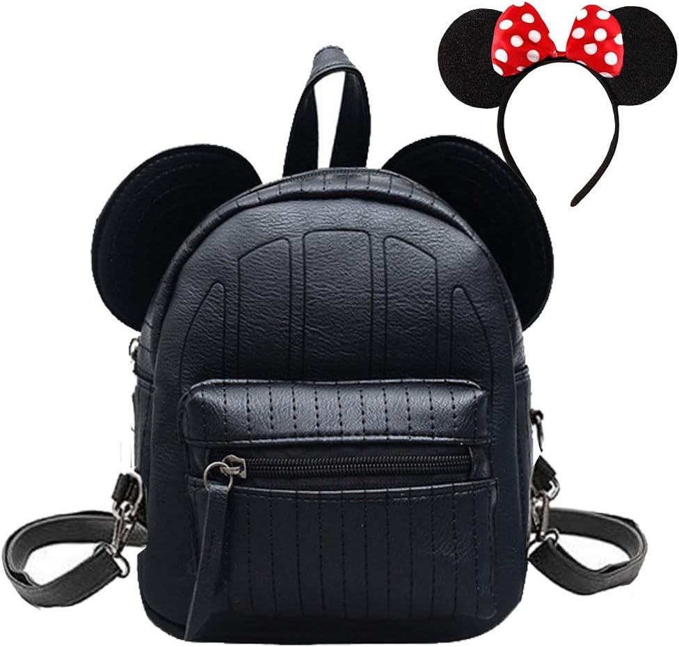 Puyang Girl Mini Mouse Ears School Backpack PU Leather Travel Bag with Red Polka Dot Bow Headband (Black)