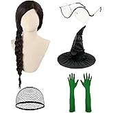 TOMIGO Long Pre-Braided Black Wig with Hat gloves and Glasses for Adult Womem Halloween Cosplay