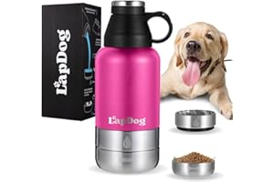 Lapdog Portable Dog Water Bottle & Food Bowls, All-in-One Accessories for Walking, Hiking, Beach- Double Walled, Insulated, Stainless Steel Water Dispenser (Pink, Without Neoprene Bag)
