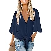 Kancystore Womens Button Down V Neck Tie Knot Front Tops 3/4 Sleeve Chiffon Casual Blouse Shirts