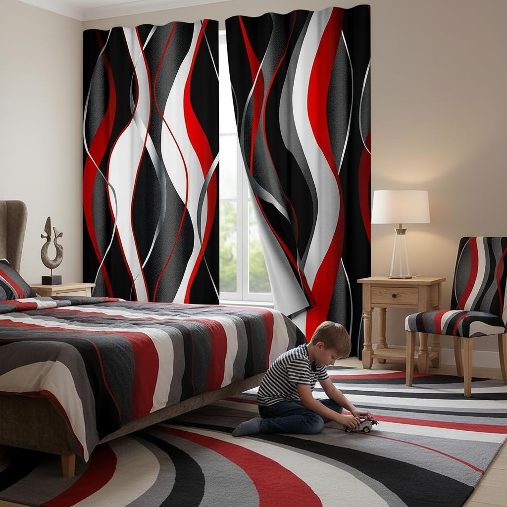 Loussiesd Red Grey Black Curtains Geometric Spiral Pattern Window Drapes for Kids Boys Girl Modern Abstract Blackout Curtain Grey White Window Treatments W46*L72 — image 1