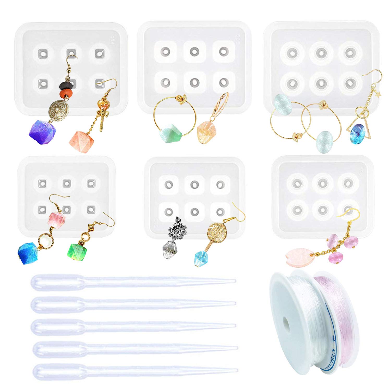 Woohome 6 PCS Diamond Beads Resin Molds with Hole, 5 PCS Droppers and 2 Roll String for Gemstone Cabochon Jewelry Casting