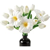 Ovveroche 16 PCS Artificial Tulips Flowers White PU Realistic Faux Tulip Stems 12 Buds & 4 Full Blooms Fake Flowers for Home Table Wedding Spring Easter Decor