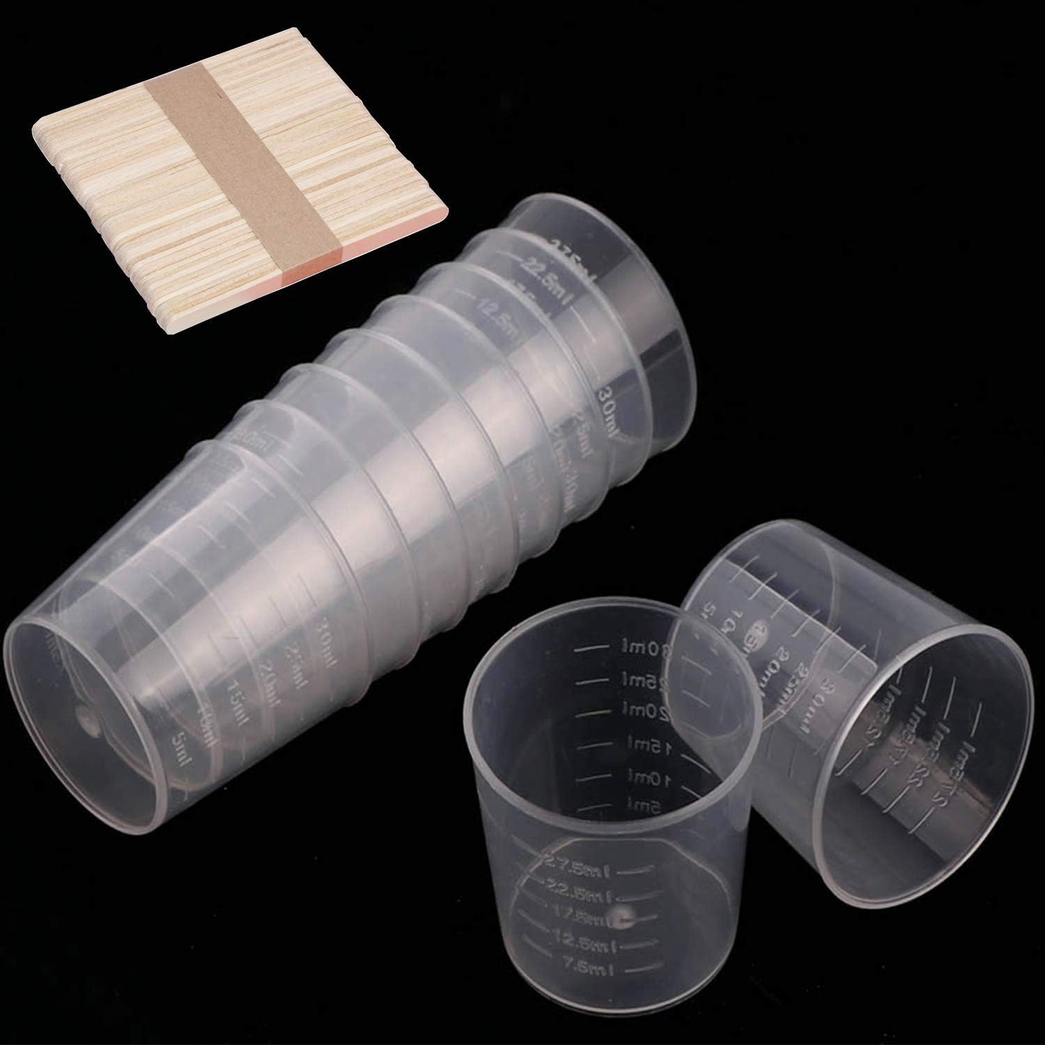 Photo 1 of 100 Pack 1oz/30ml Plastic Graduated Cups Transparent Scale Cups with 50 Pack Wooden Stirring Sticks for Mixing Paint, Stain, Epoxy, Resin