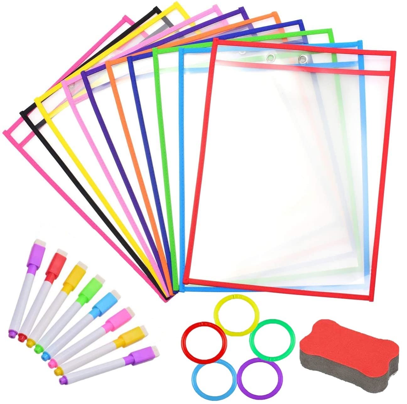 KAHEIGN 24Pcs Dry Erase Pockets Set, 36 x 26cm Reusable Write and Wipe Clean Pockets with Bone Shape Eraser, 8Pcs Erase pens, 5Pcs Keyring - for School Work Use Supplies (10 Colors)