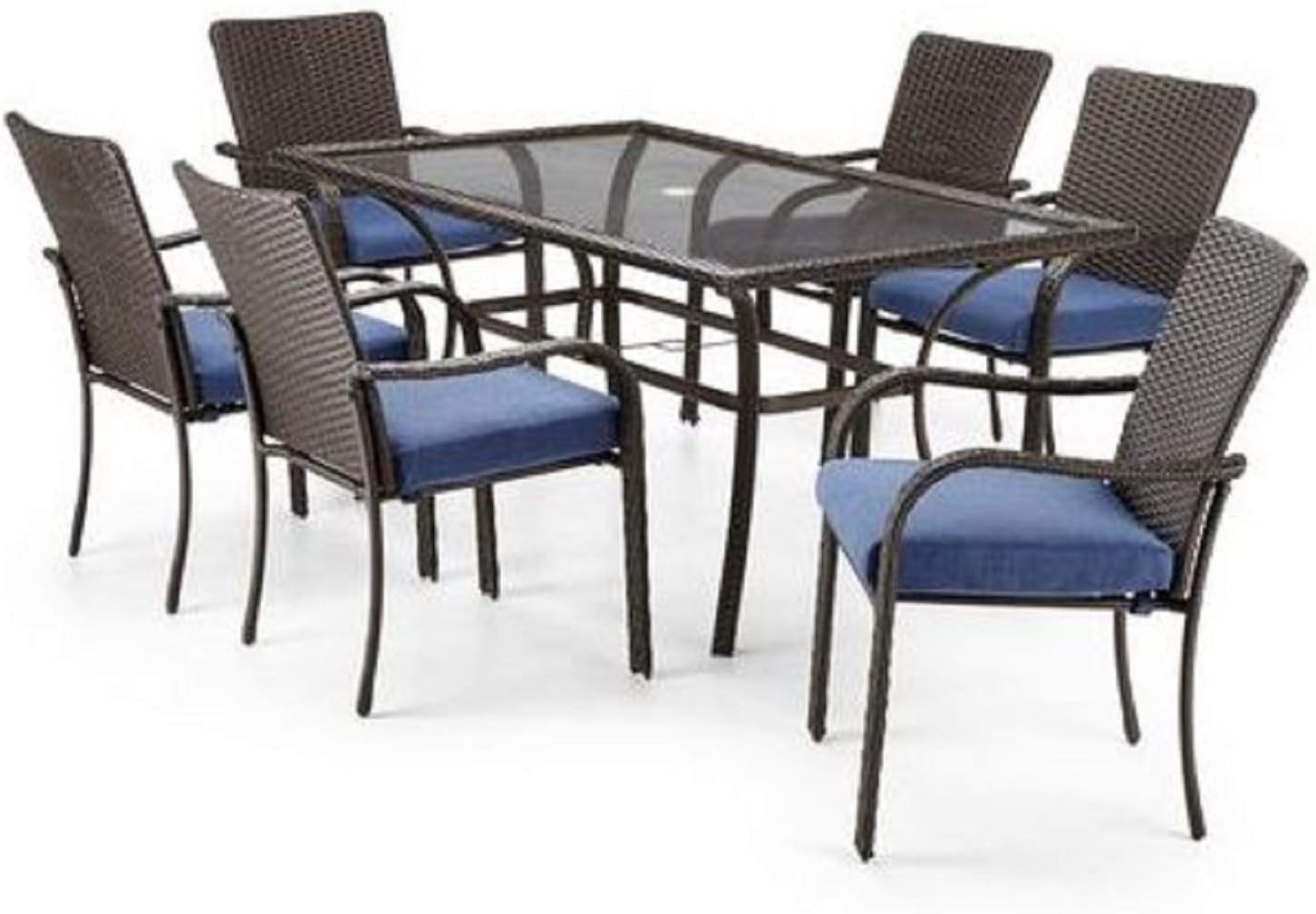 Patio Dining Set Patiotrends Tuscany 7 Piece Heavy Duty Patio Dining Set With All Weather Wicker Glass Top Table Center Umbrella Hole 1 Table 6 Chairs 6 Removable Uv Resistant Cushions Blue