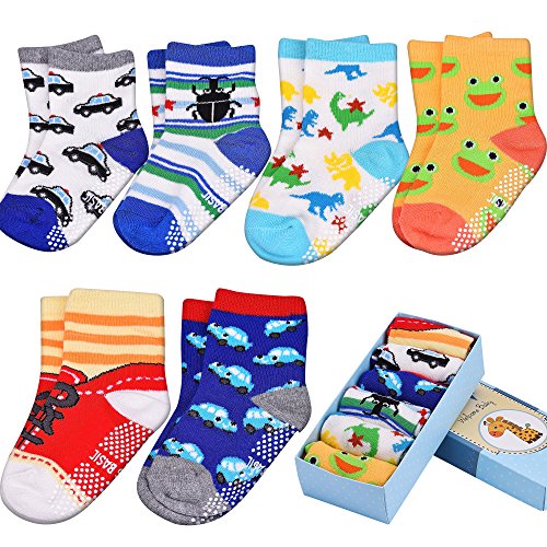 Toddler and Baby Socks, Non Slip, 6-Pack boxed set for 1-3 years blue